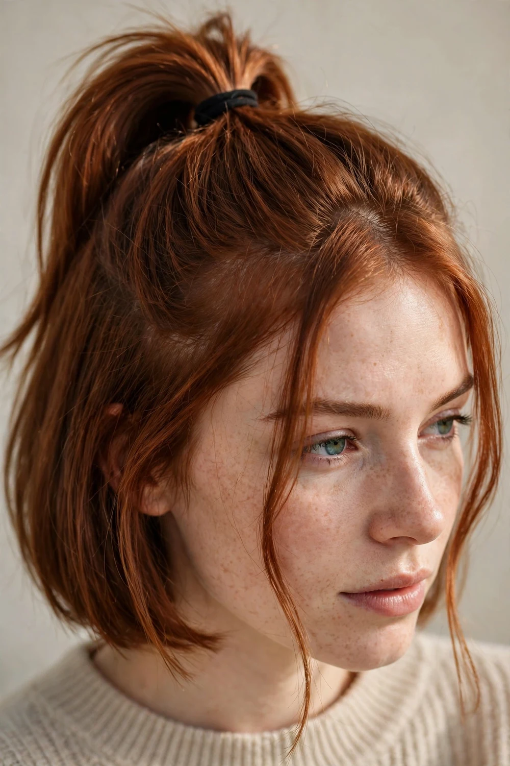 High ponytail with loose front strands on short hair