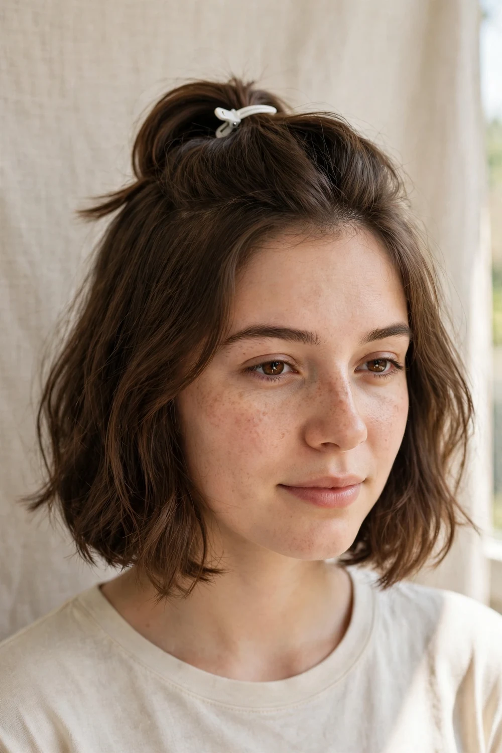 Half up half down short hairstyle secured with claw clip