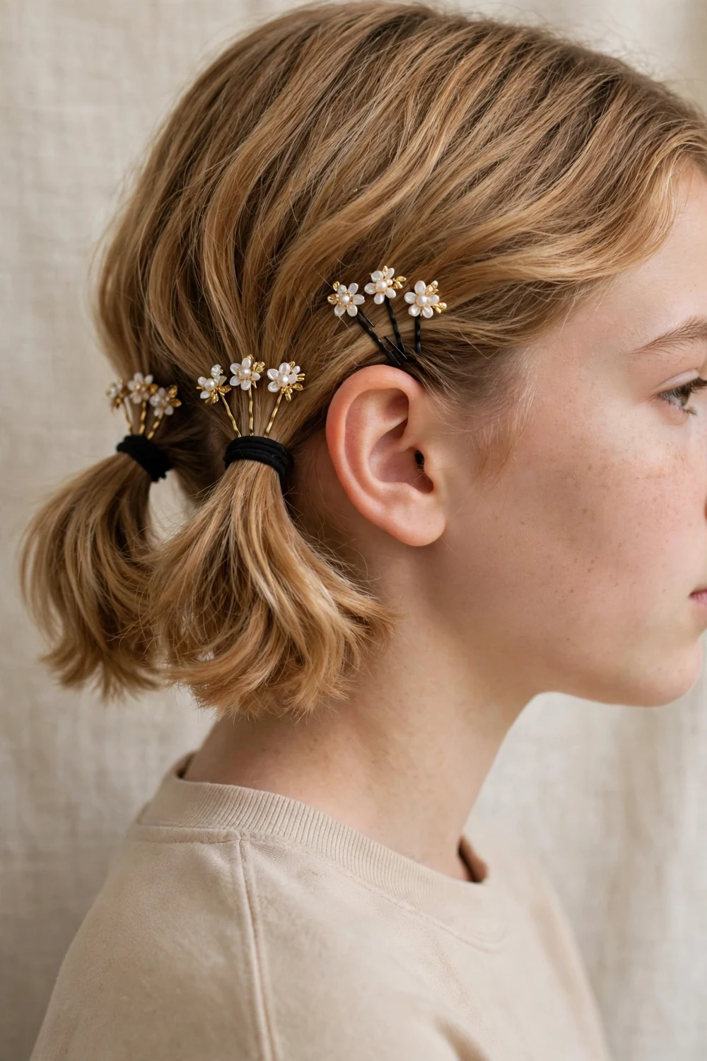Short pigtails decorated with bobby pins for school