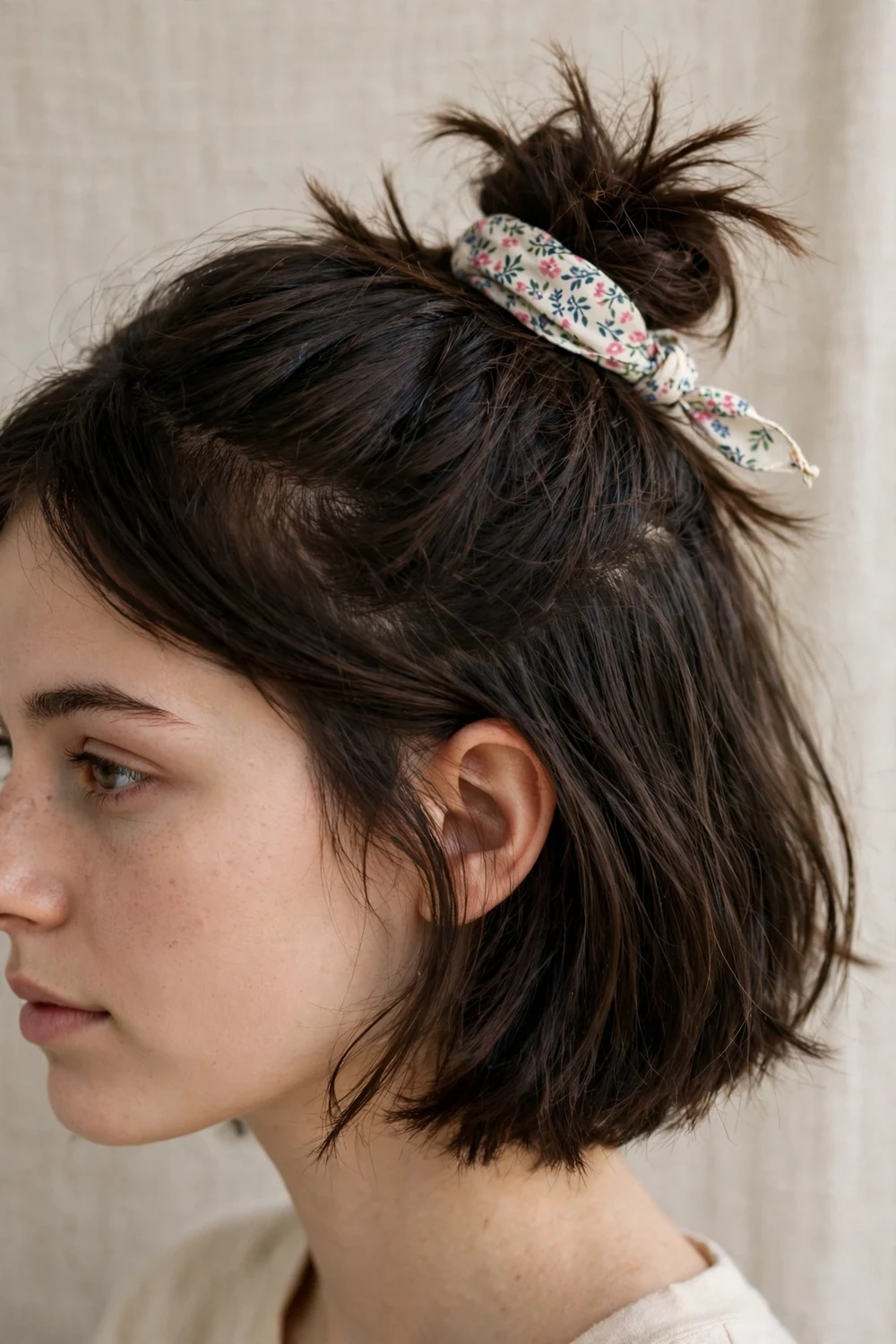 Messy bun wrapped with a scarf for school