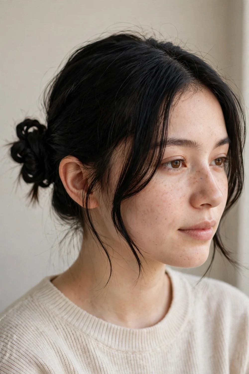 Twist and wrap messy bun in short hair for school