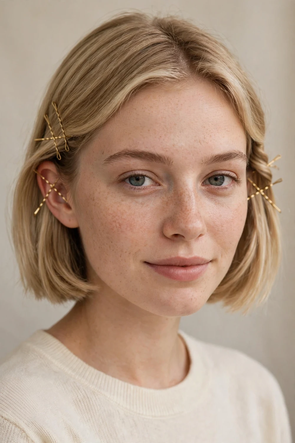 Front pieces pinned back with bobby pins in short hair