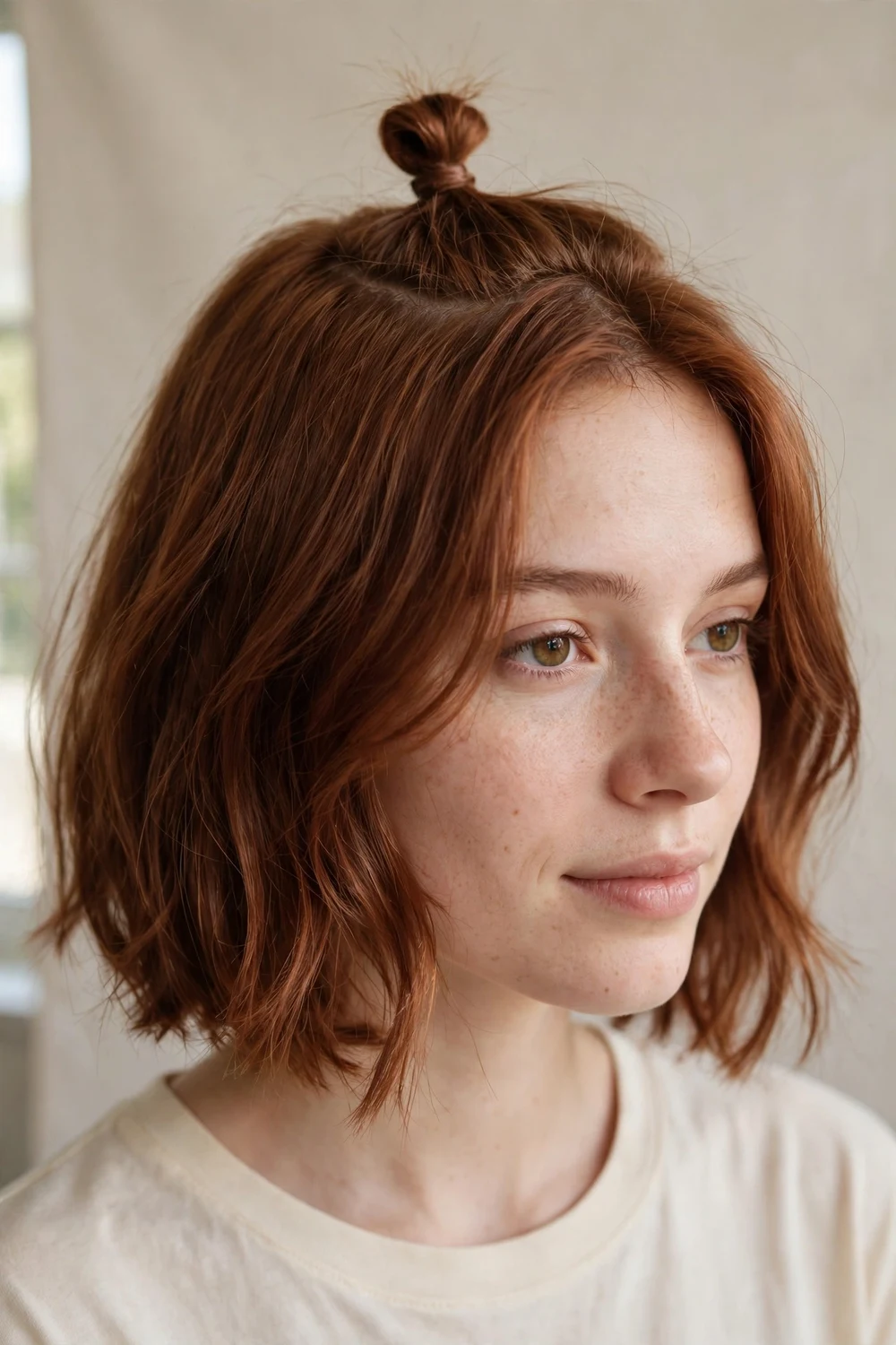 Faux top knot on short hair for school