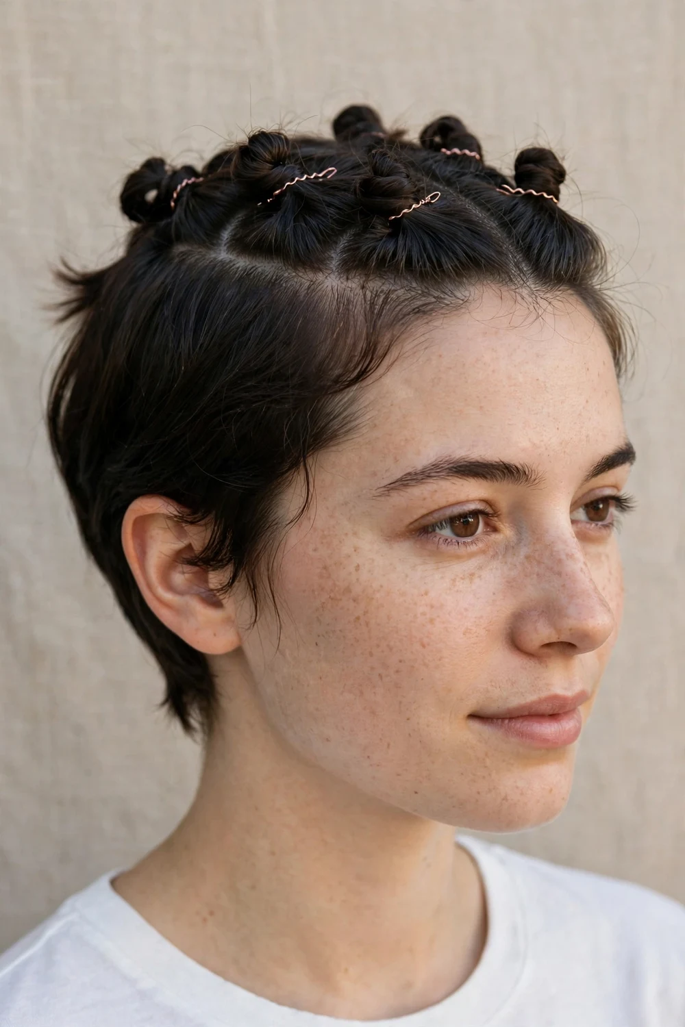 Twisted sections pinned at the back of short hair