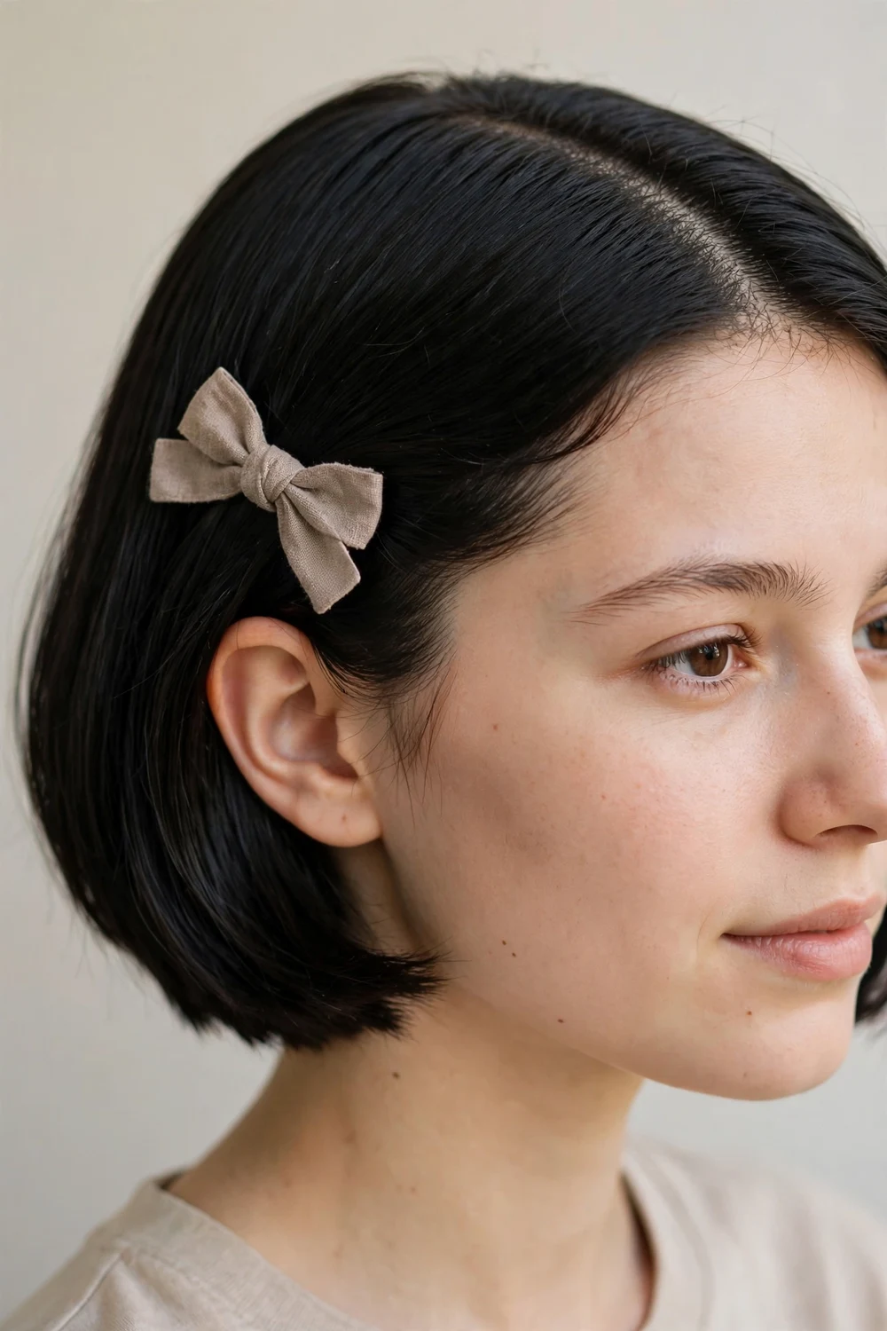 Side part short hairstyle with bow clip for school
