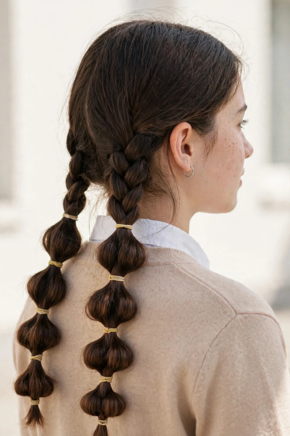 Black teen girl with two long braids finished with bubble-puffed sections at the ends