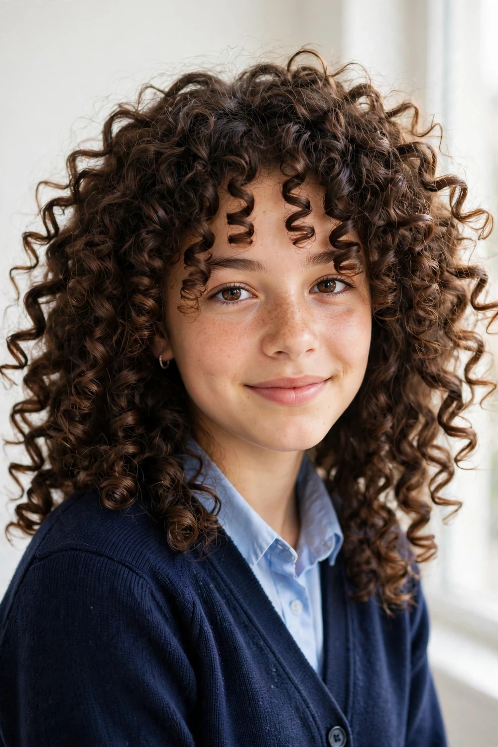 Young girl with light brown hair in two neat three-strand braided pigtails tied with elastics