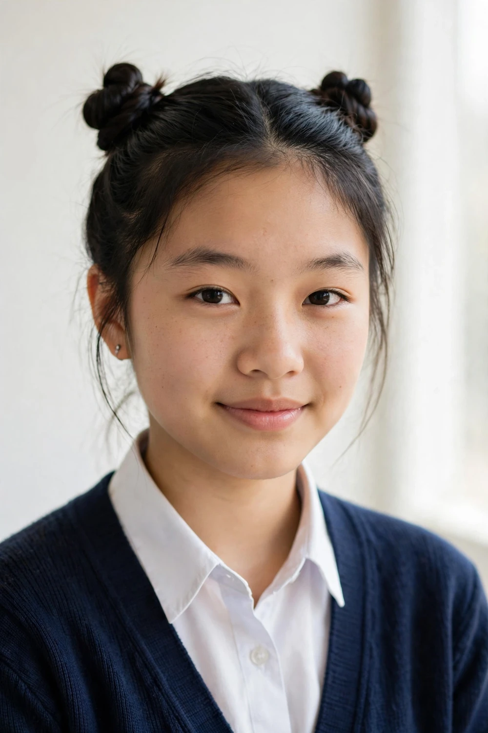 East Asian teen with two small twisted buns on top of her head, playful school style