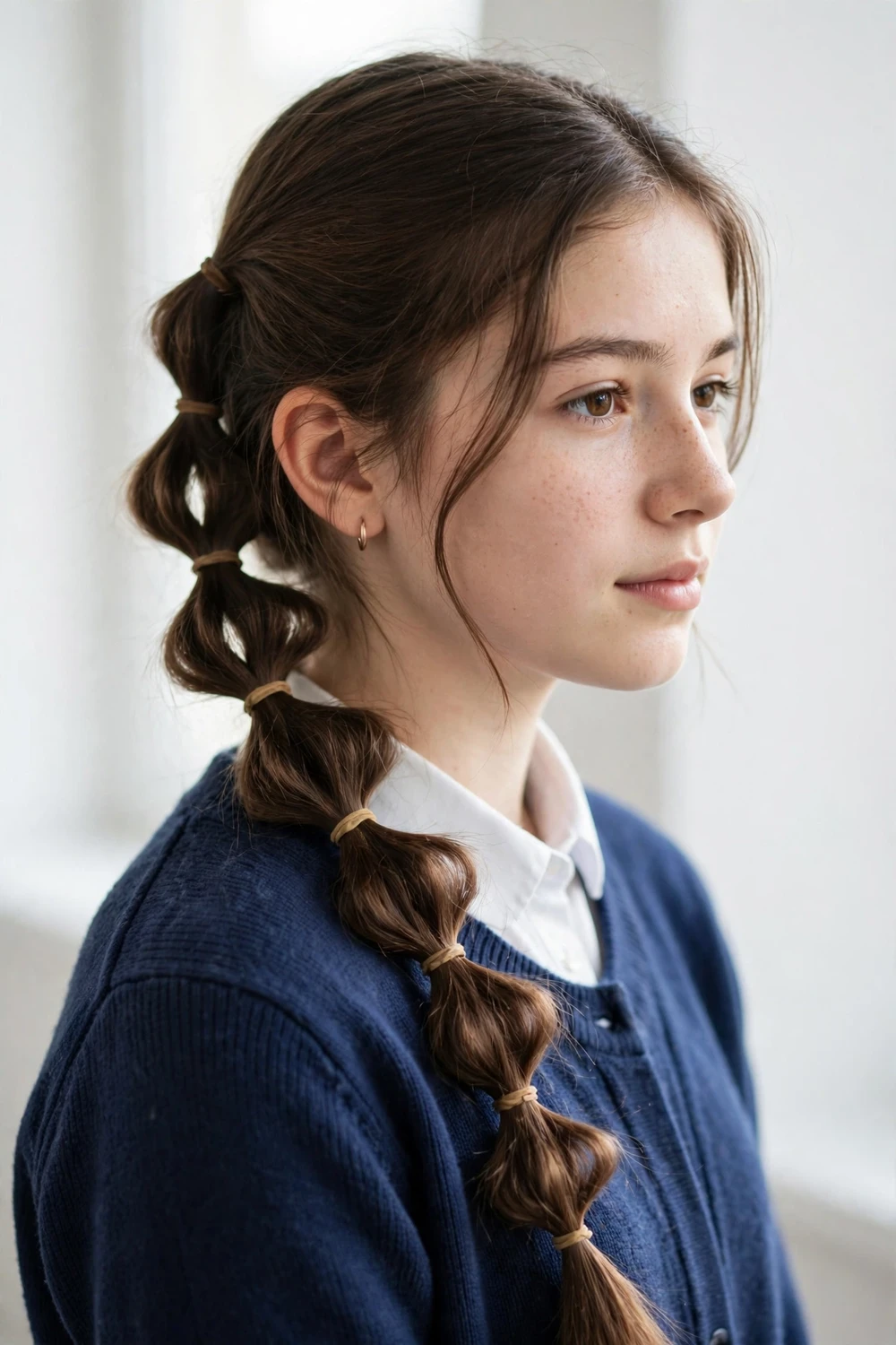 Latina teen with a small top knot at the crown, the rest of her dark hair left loose