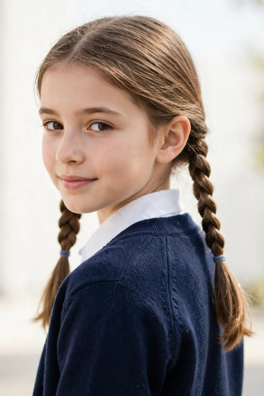South Asian teen with two small front braids from the temples pinned together at the back of her head