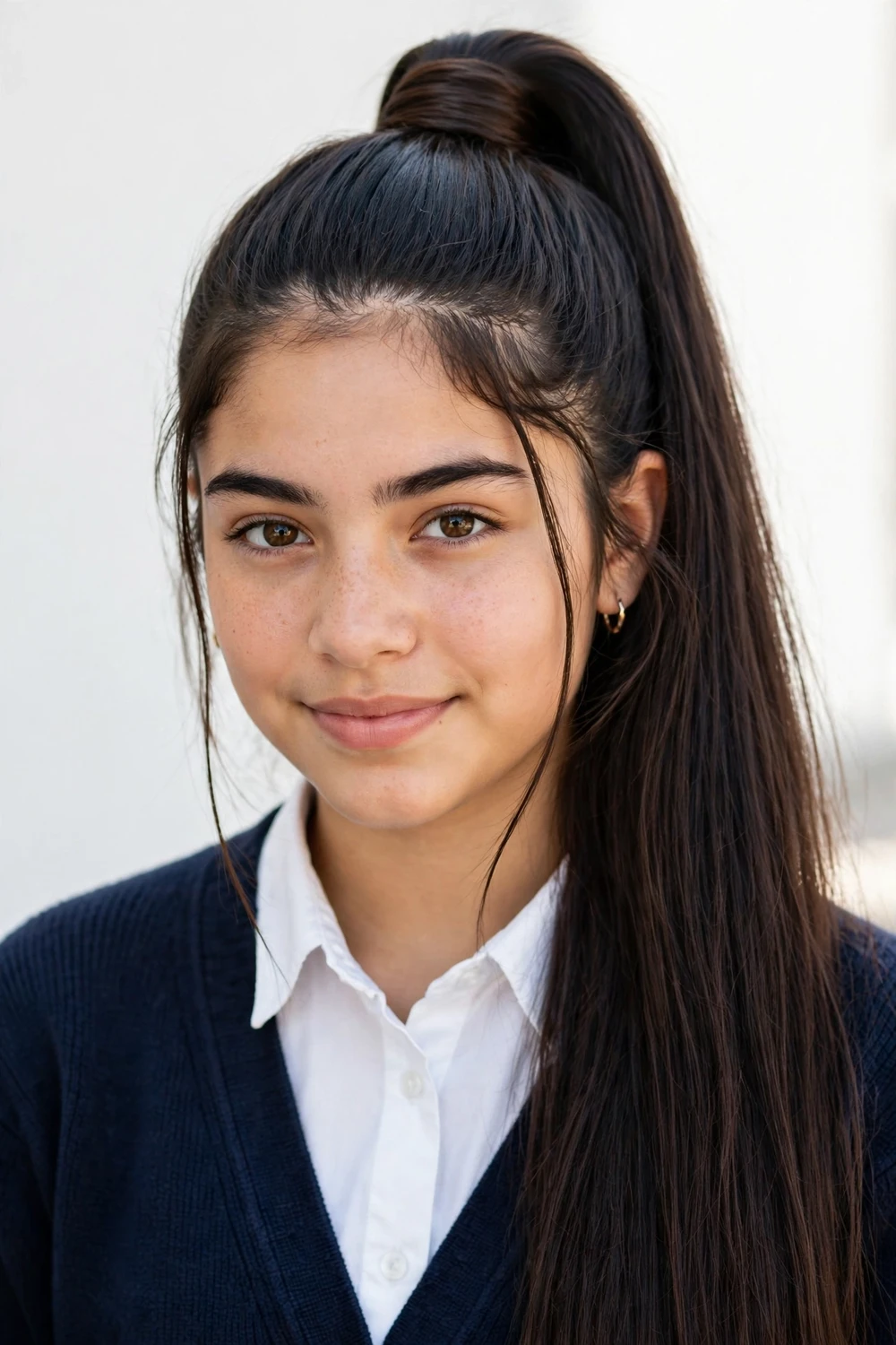 South Asian girl with the top half of her long wavy hair pulled into a small ponytail, the rest left down