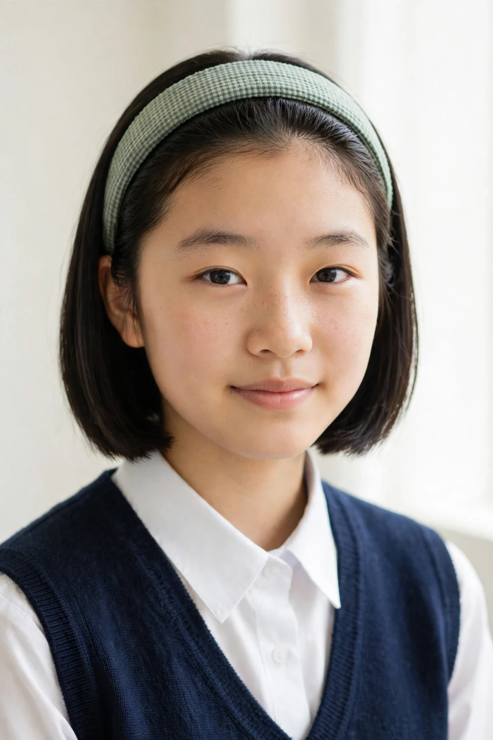 East Asian girl with a chin-length bob pushed back with a fabric headband, face fully visible