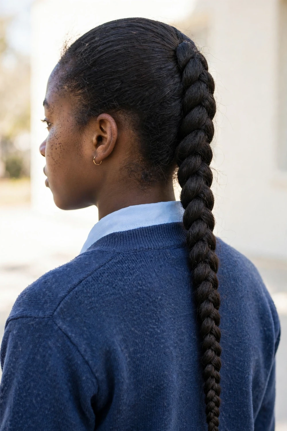Latina young woman with a messy bun wrapped in a patterned headscarf tied at the front