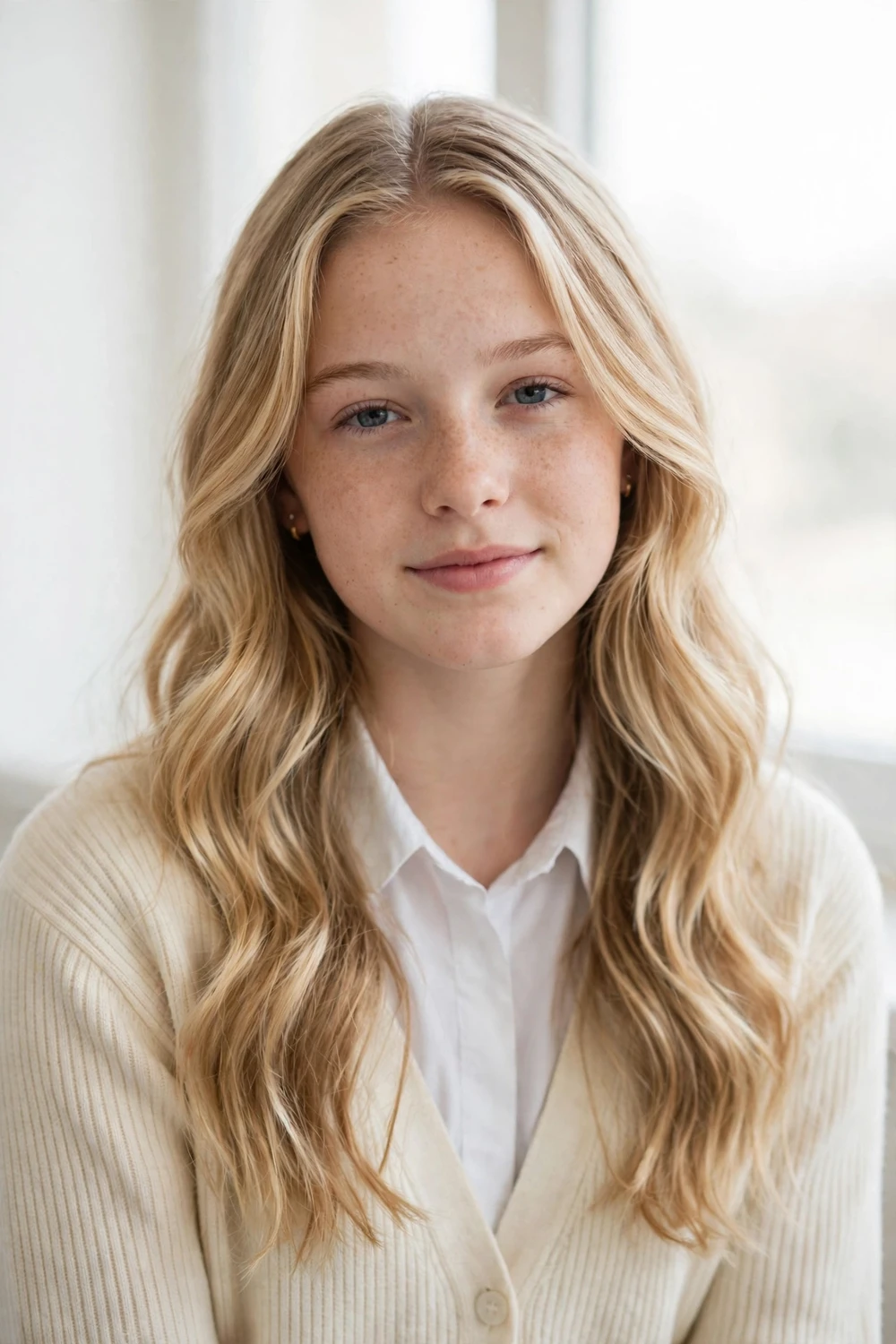 Girl with long brown hair styled in a loop braid made of tied sections down one side