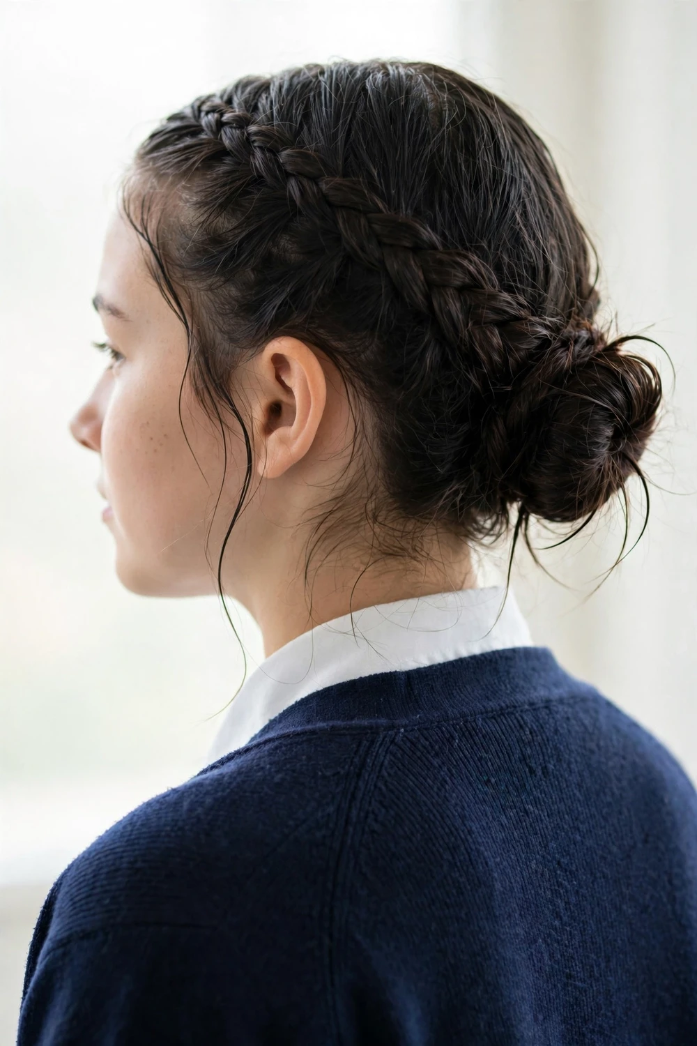 Teen girl with light brown wavy hair in two low pigtails decorated with small colored hair clips