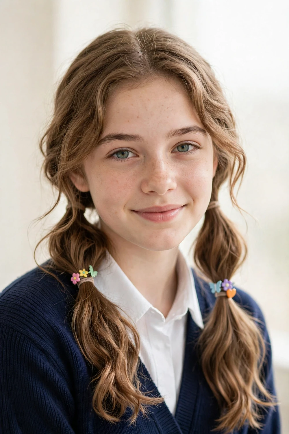 Teen with a short dark bob, small twisted front sections pinned back with crossed bobby pins