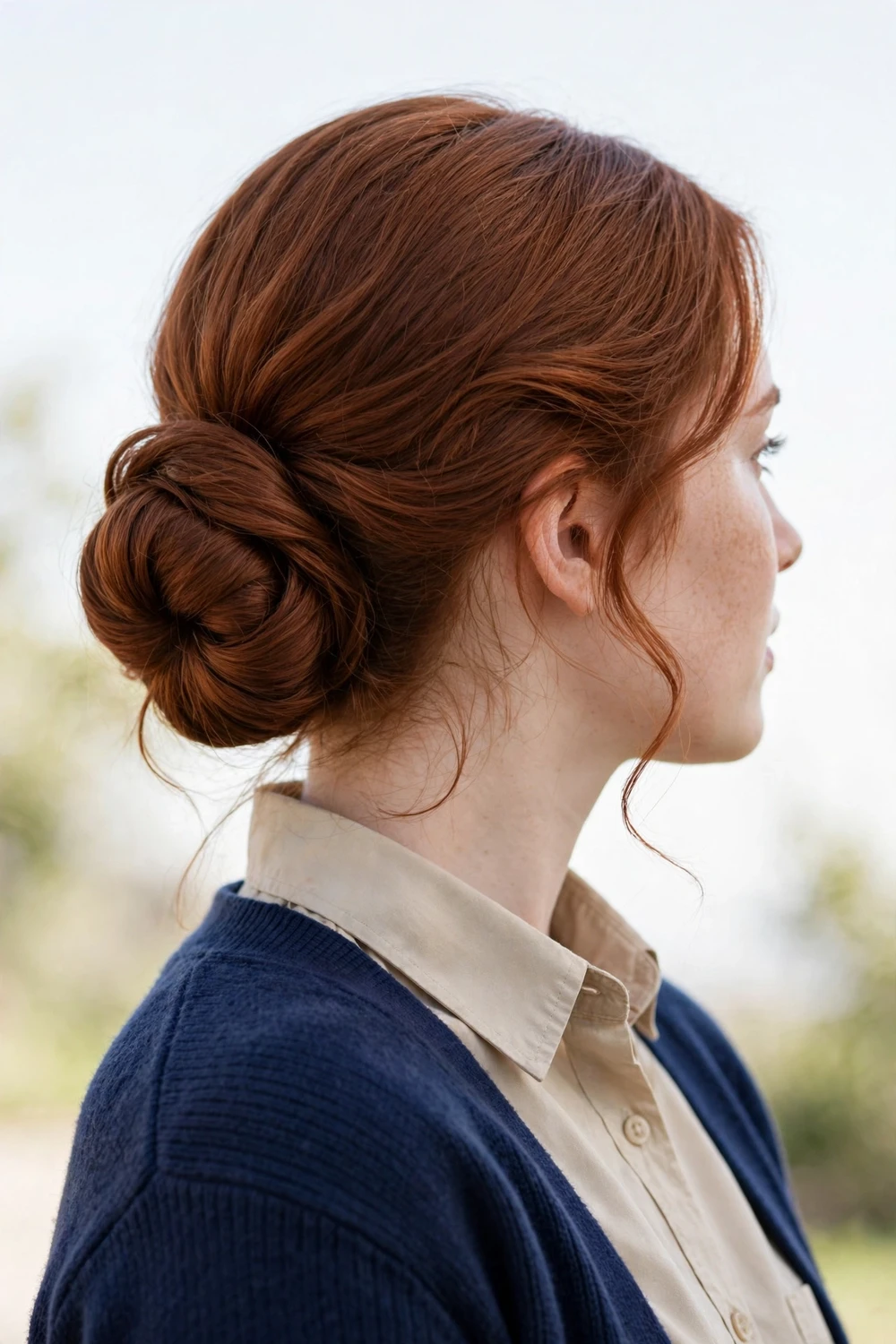 Auburn-haired young woman with hair rolled and tucked into a low elegant roll at the nape