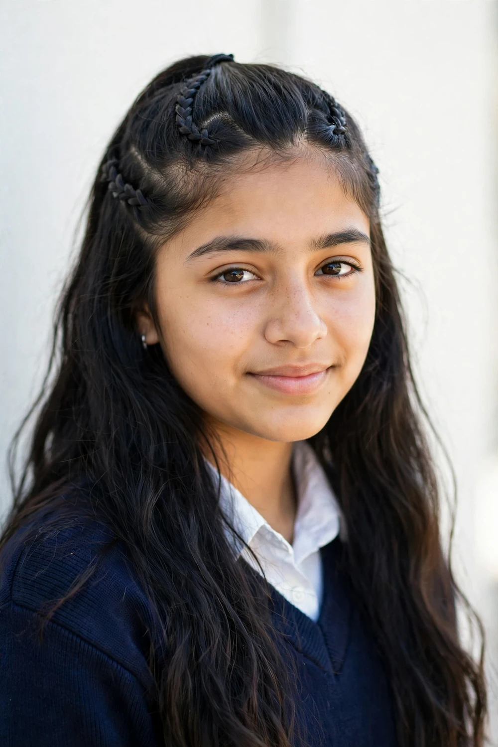 Girl with a thick side braid draped over one shoulder, long dark hair