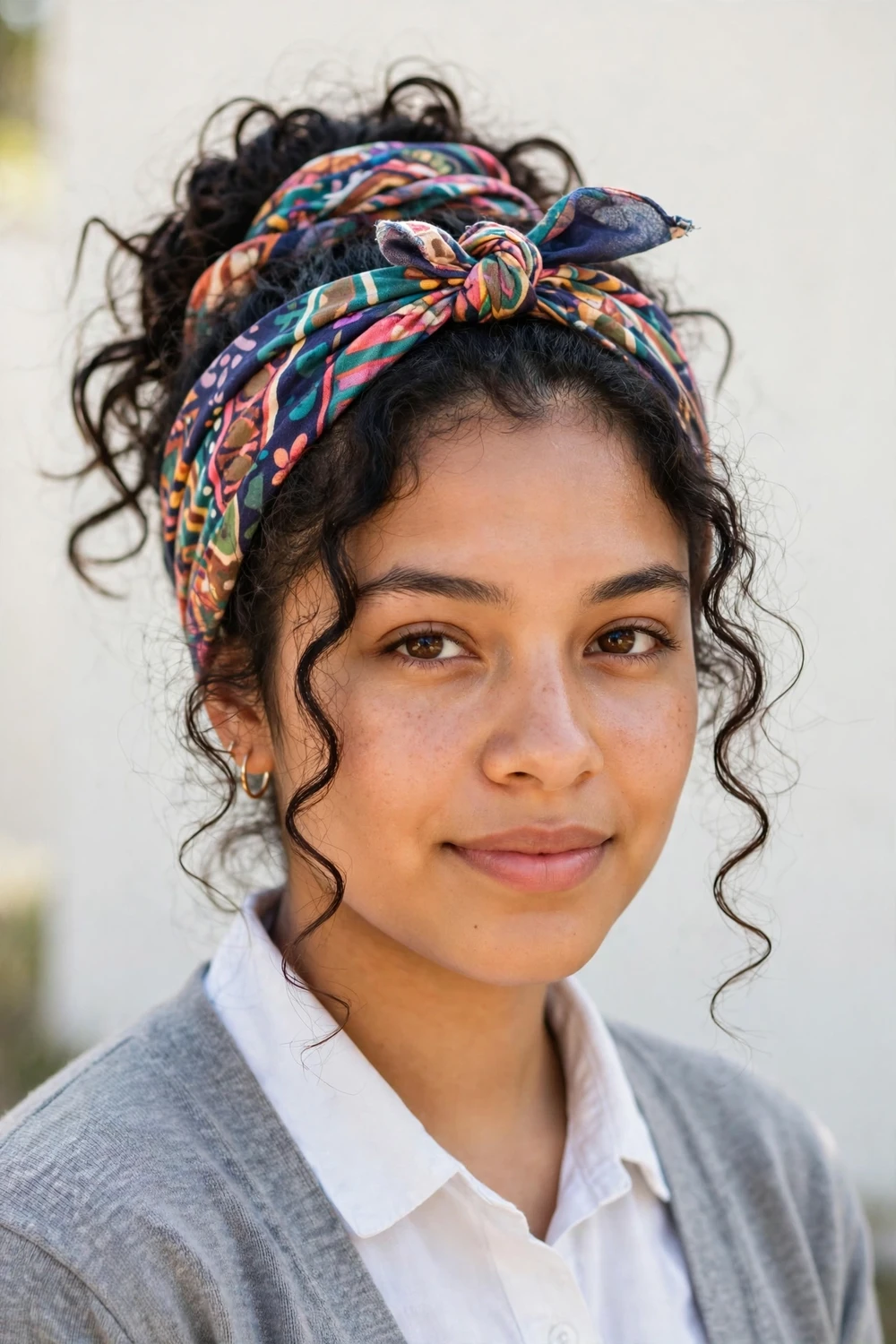 Middle Eastern teen with a smooth low bun at the nape and a neat center part