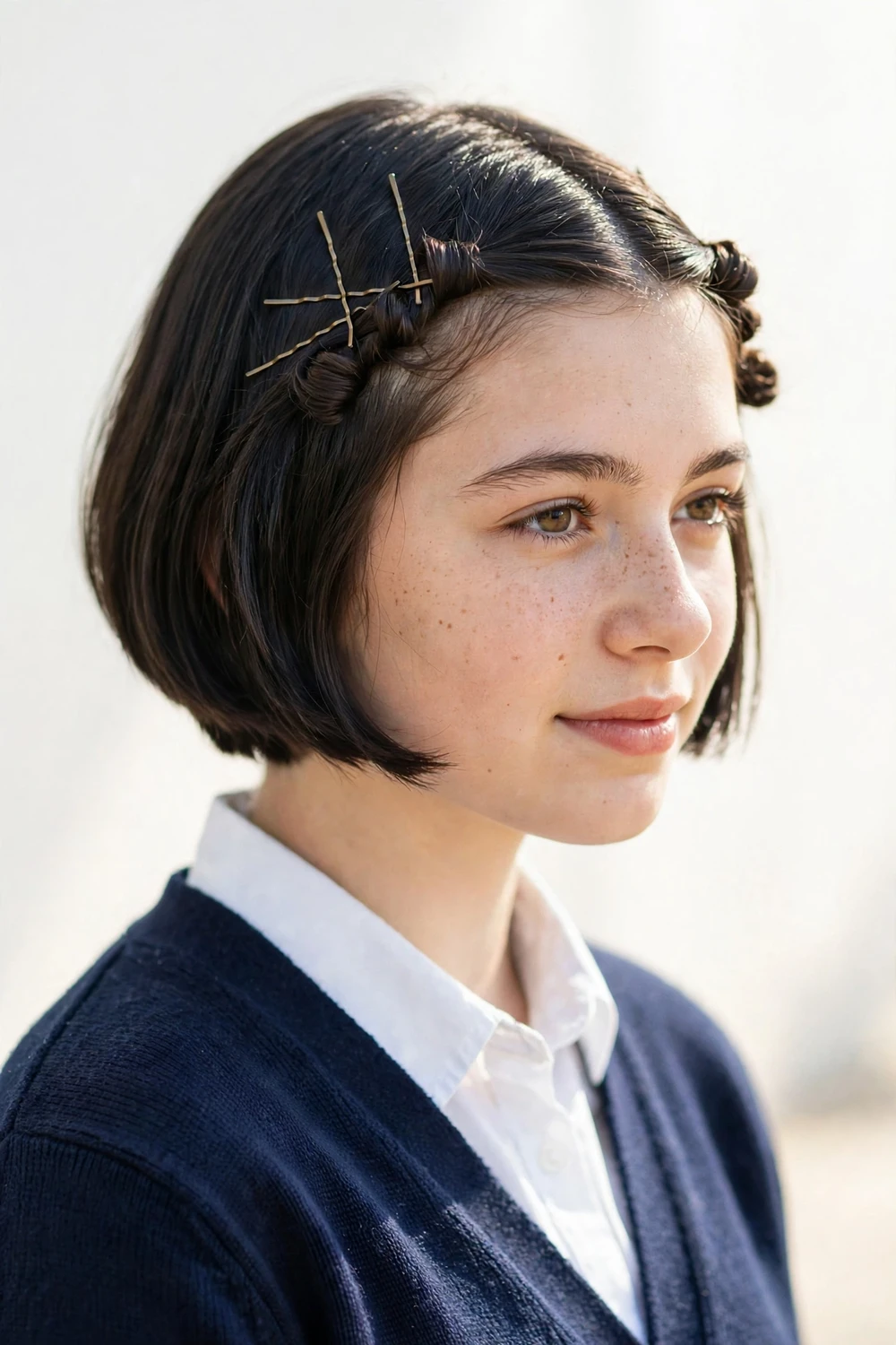 Teen girl with a crown braid over damp hair coiled into a low bun, school morning routine look