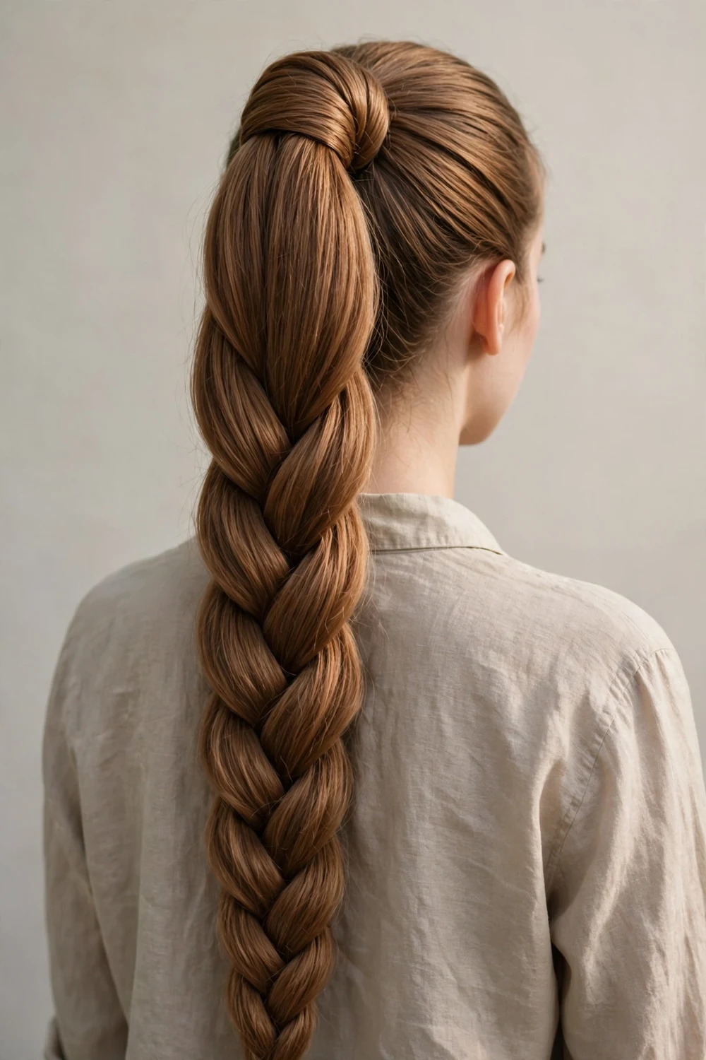 Back view of a woman with caramel straight thick long hair in a high ponytail with a three-strand braid