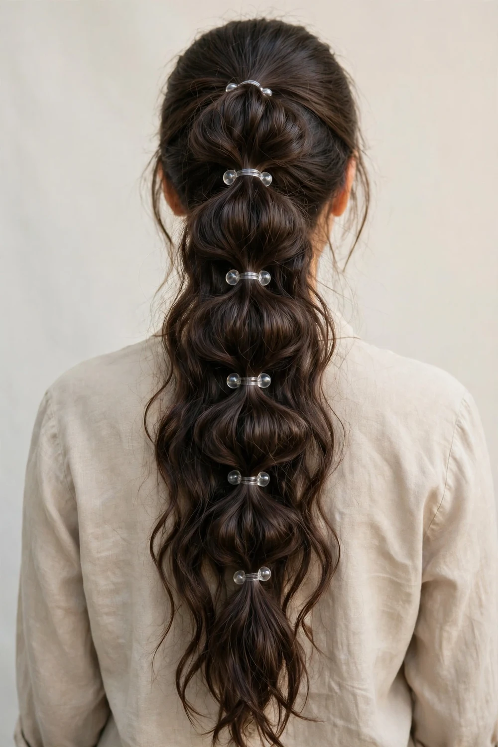 Back view of a woman with thick dark brown wavy long hair styled in a bubble braid with clear elastics