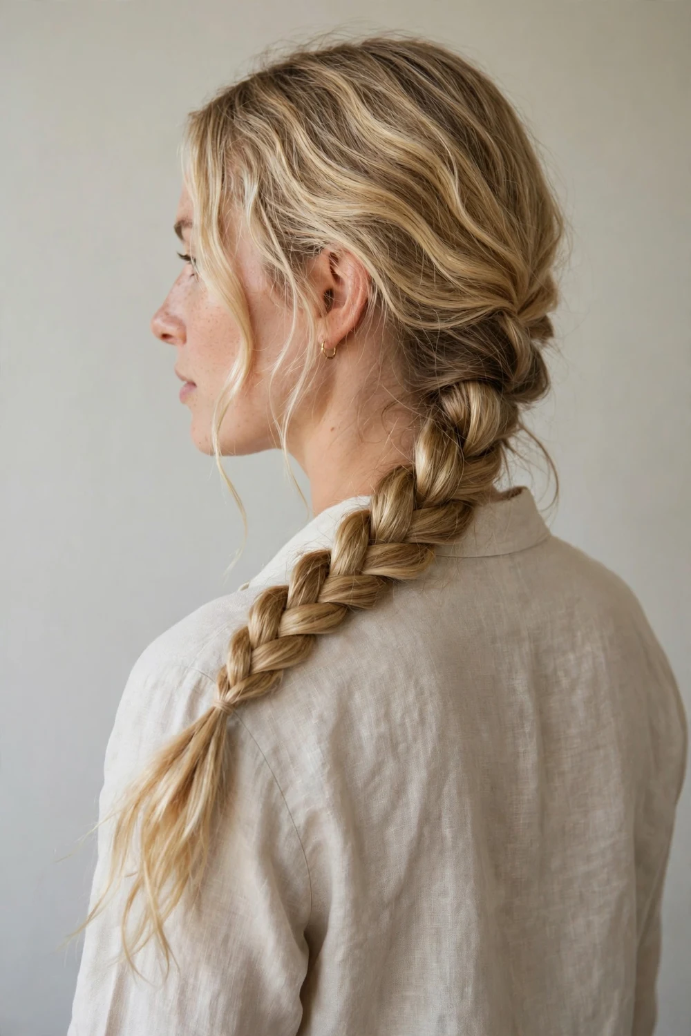 Woman with blonde wavy long hair in a classic three-strand braid over one shoulder