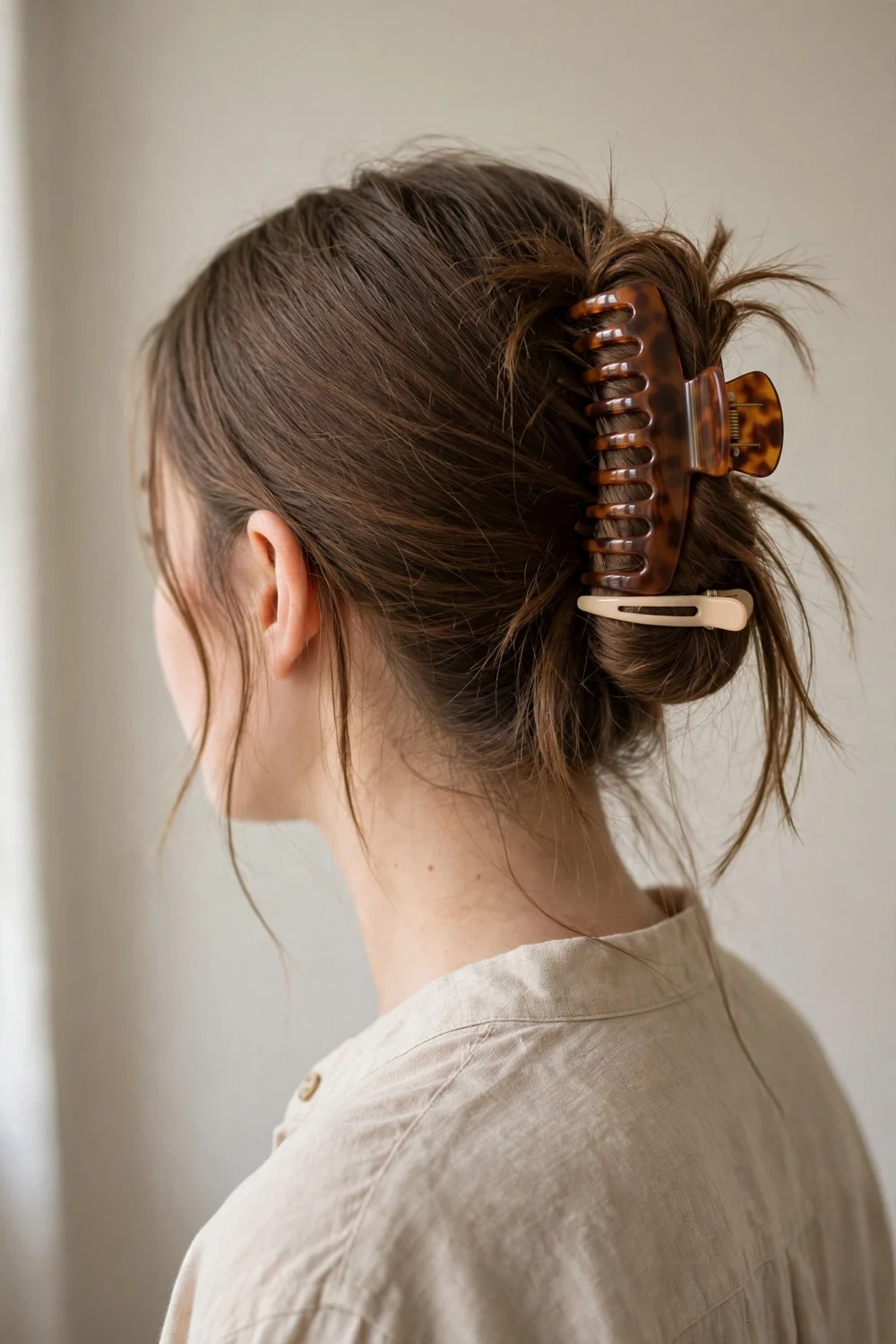 Woman with medium brown straight long hair twisted into a bun held by two claw clips