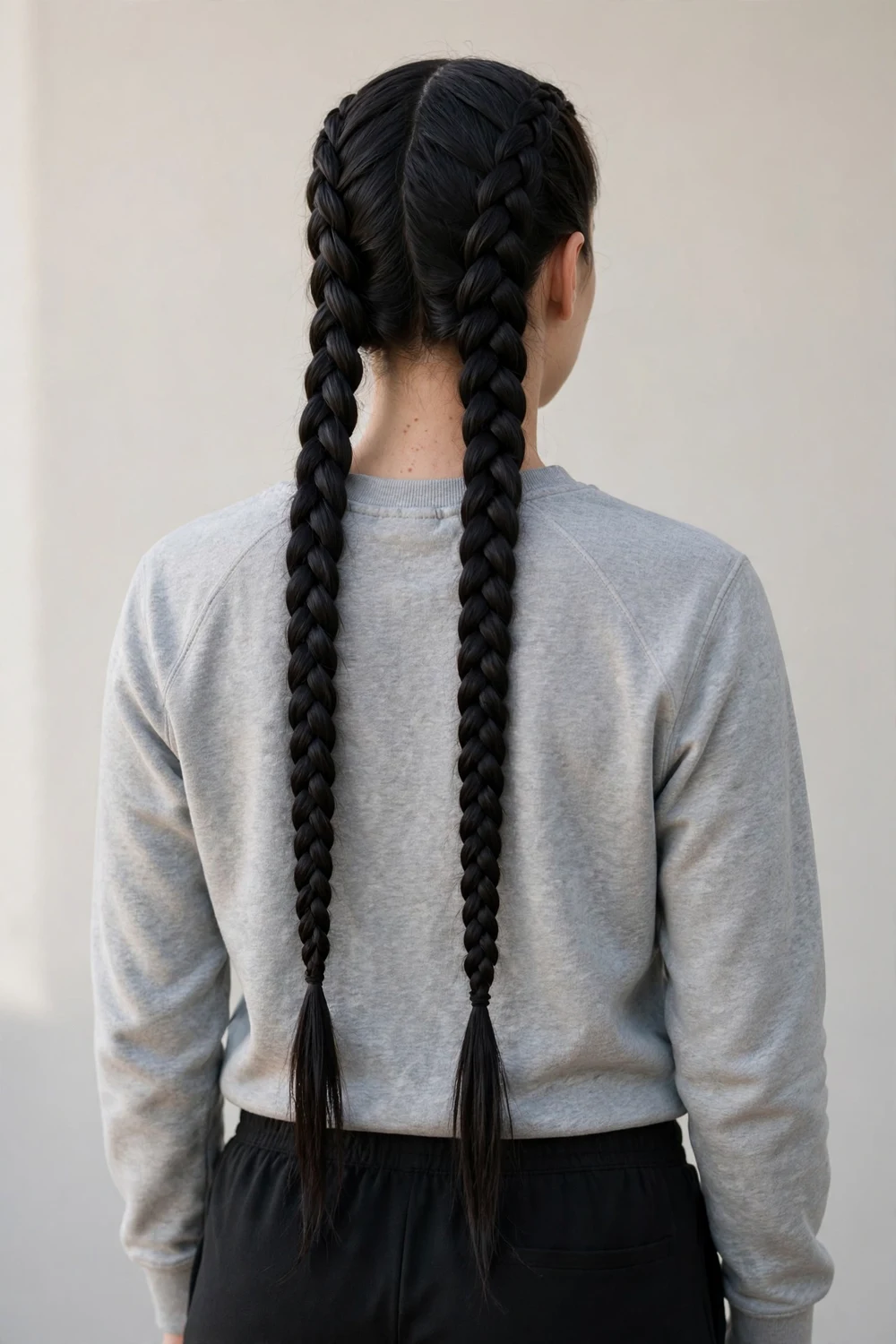 Sporty back view of a woman with thick black straight long hair in two Dutch braids