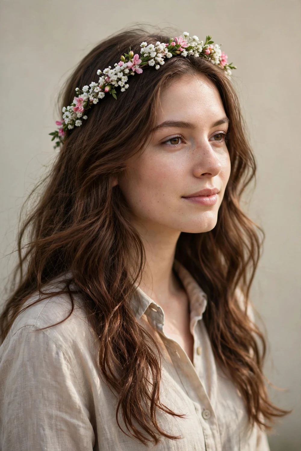 Woman with chestnut wavy long hair wearing a floral crown headband outdoors