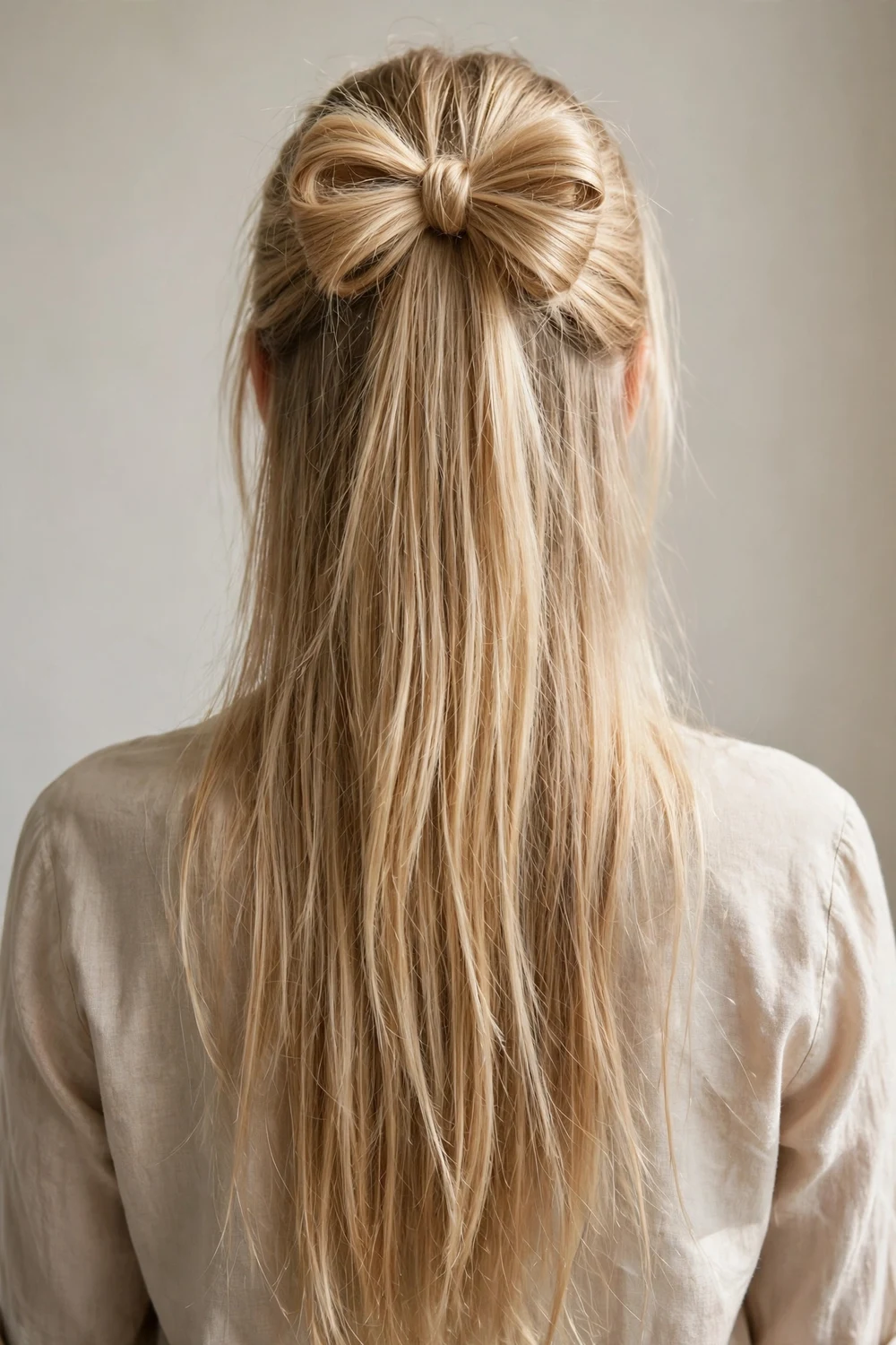 Woman with fine blonde straight long hair wearing a half-up hairstyle shaped into a hair bow