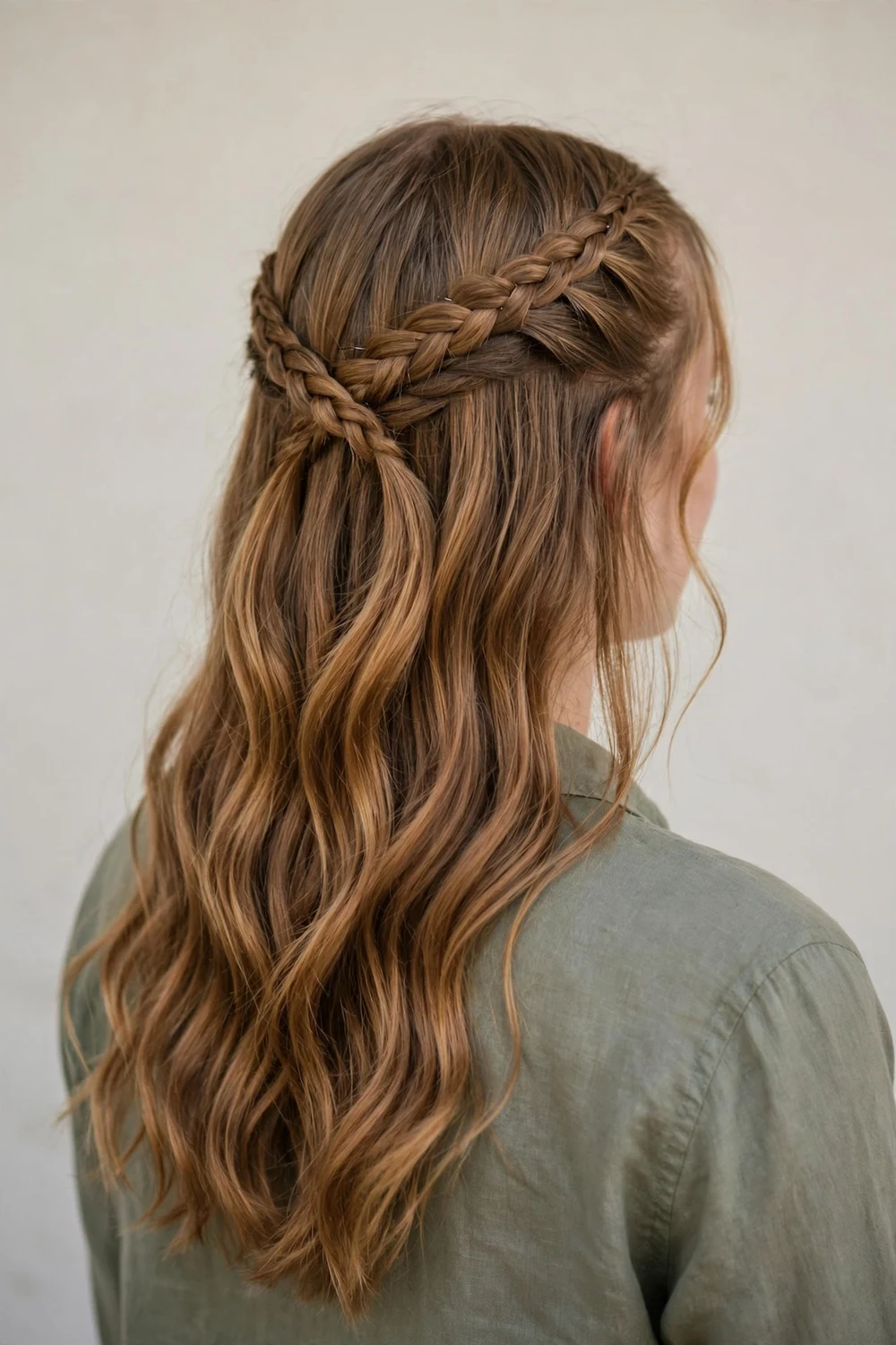 Back view of a woman with honey brown wavy long hair with two braids pinned across the crown