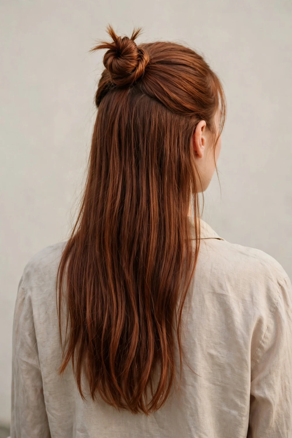 Woman with auburn straight long hair in a half-up top knot with the rest of her hair down