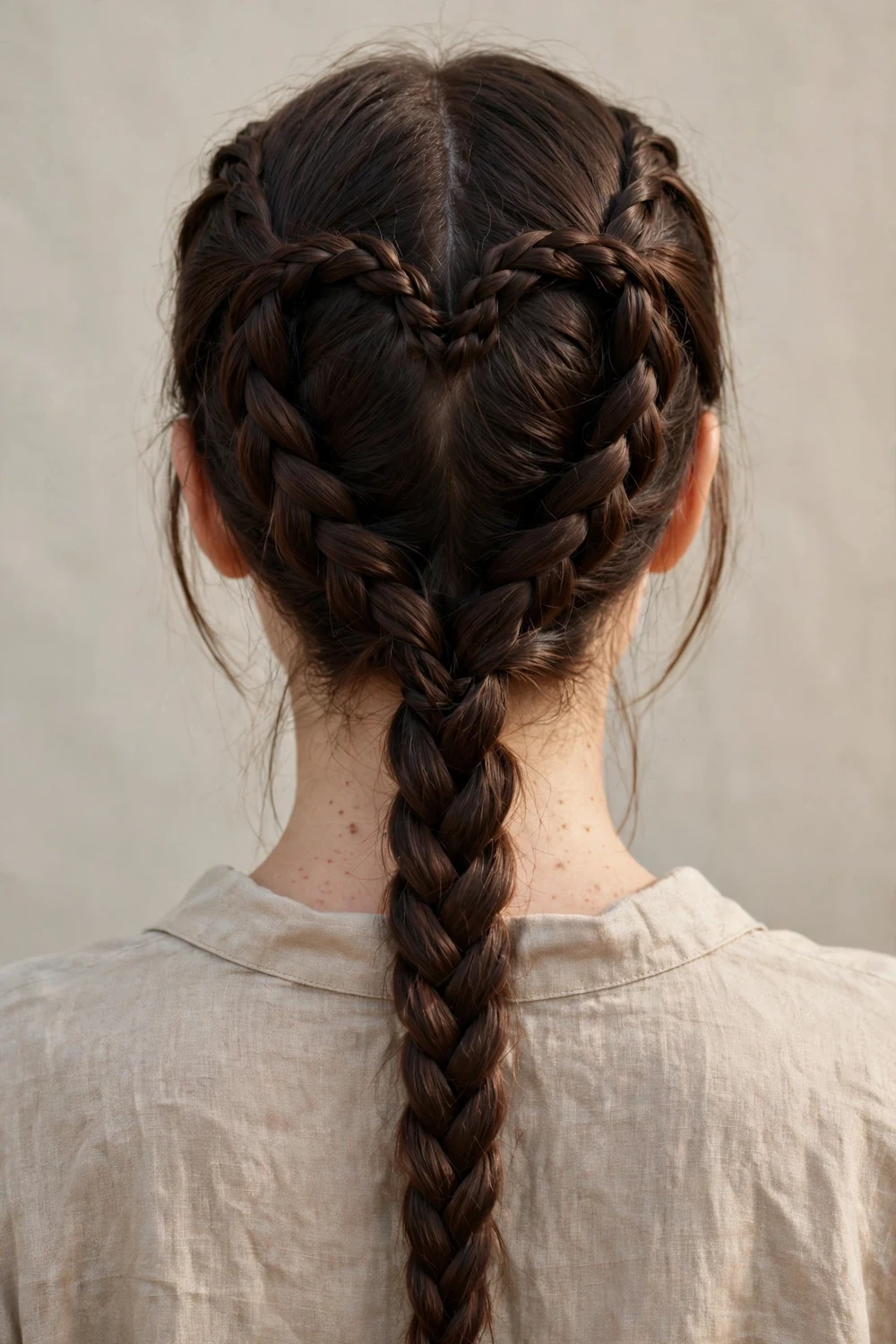 Back view of a woman with deep brown straight long hair with two curved braids forming a heart shape