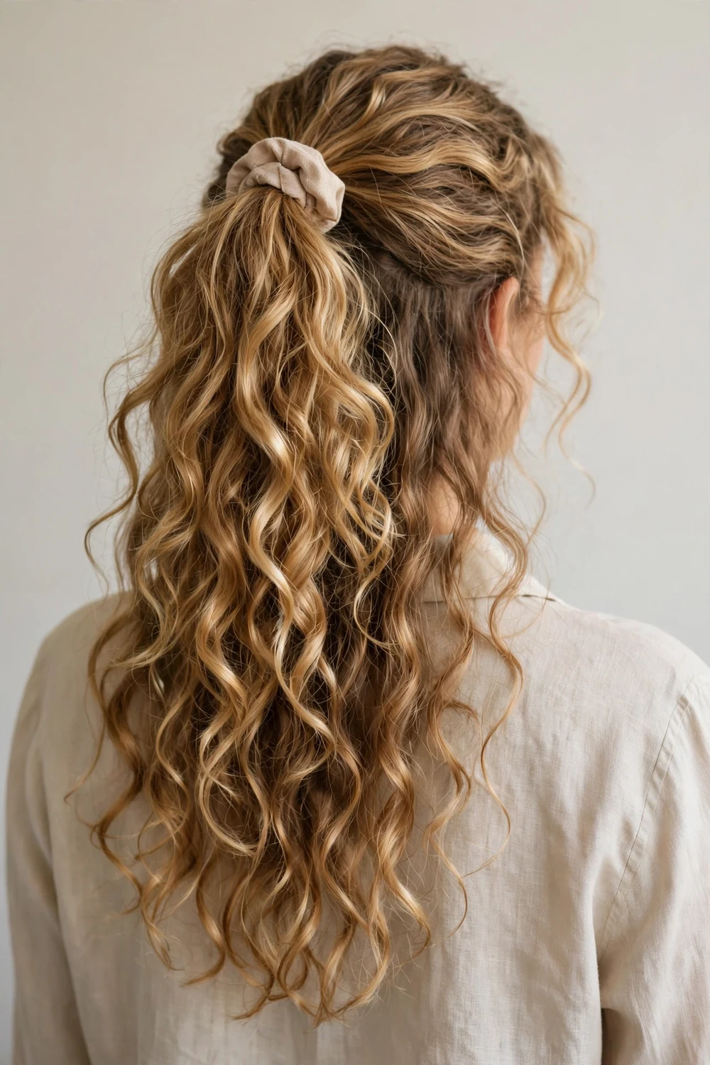 Woman with honey blonde curly long hair in a loose half-up style with curls falling below