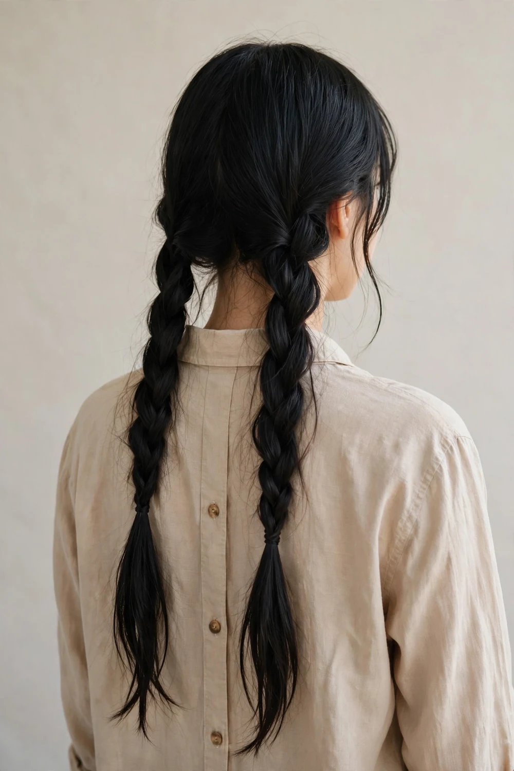 Back view of a woman with jet black straight long hair in two low three-strand pigtail braids