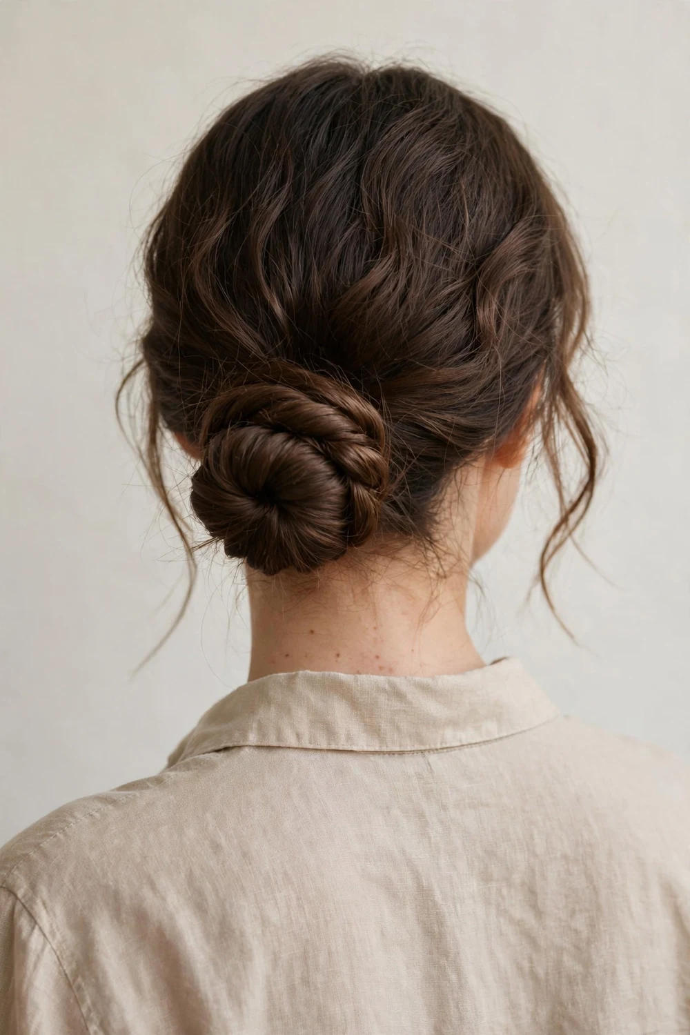 Back view of a woman with espresso wavy long hair in a low twisted rope bun at the nape