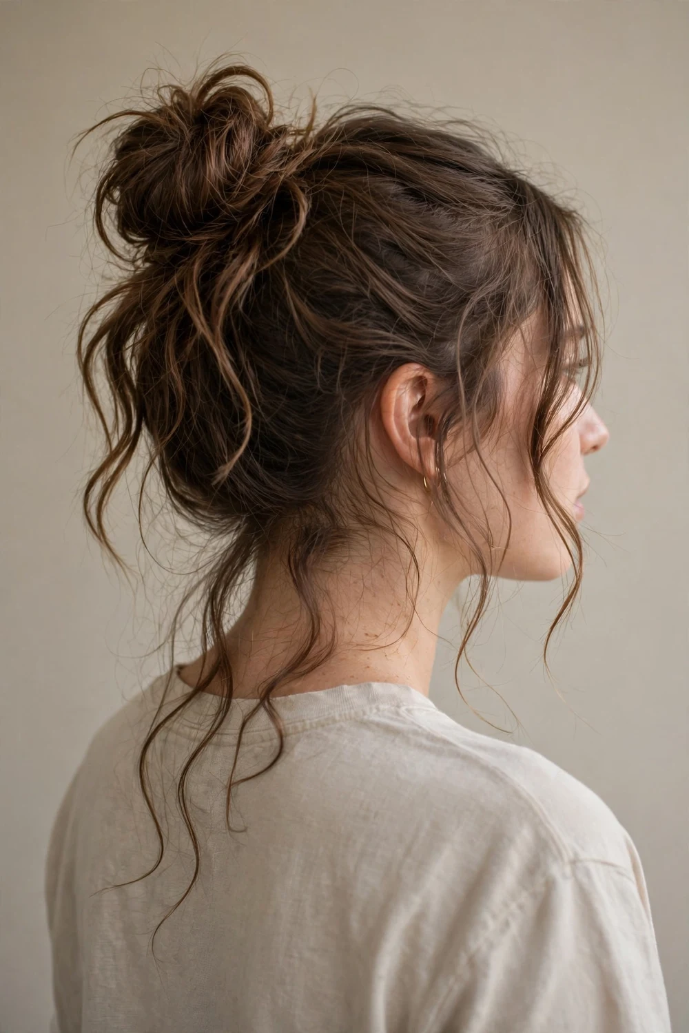 Woman with medium brown wavy long hair in a messy high bun with loose face-framing strands