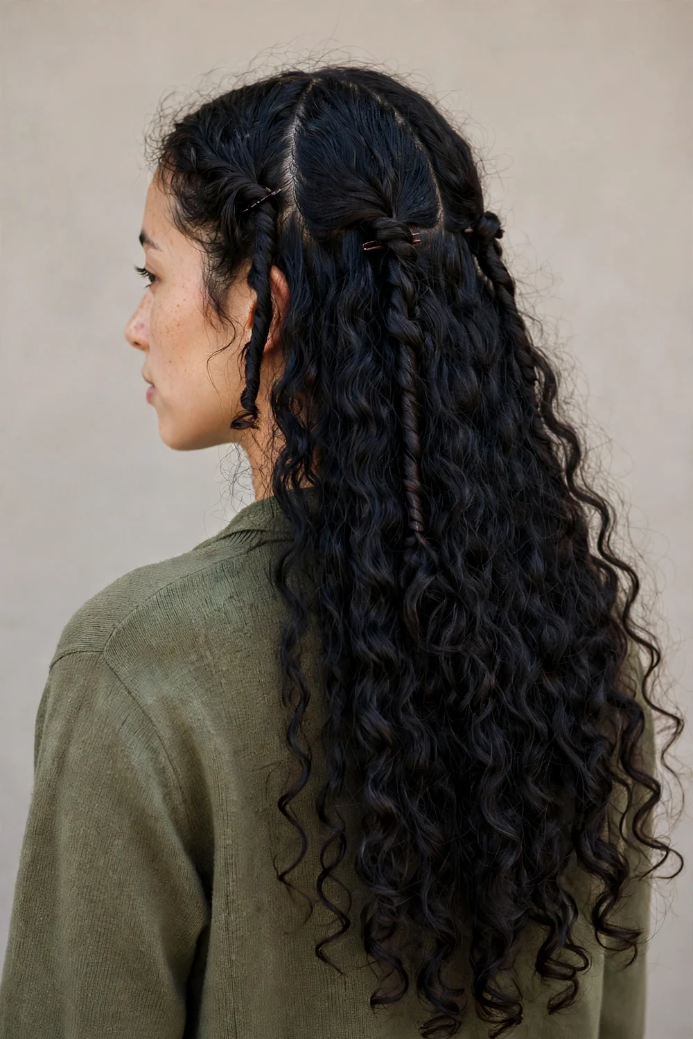 Woman with black curly long hair with small twisted sections pinned back from the hairline