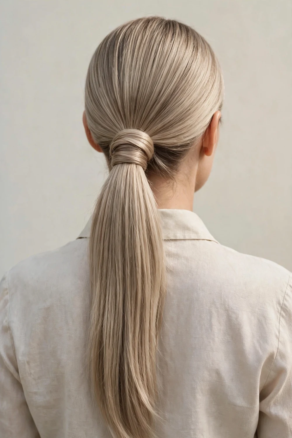 Woman with ash blonde straight long hair in a sleek low ponytail with the elastic wrapped in hair