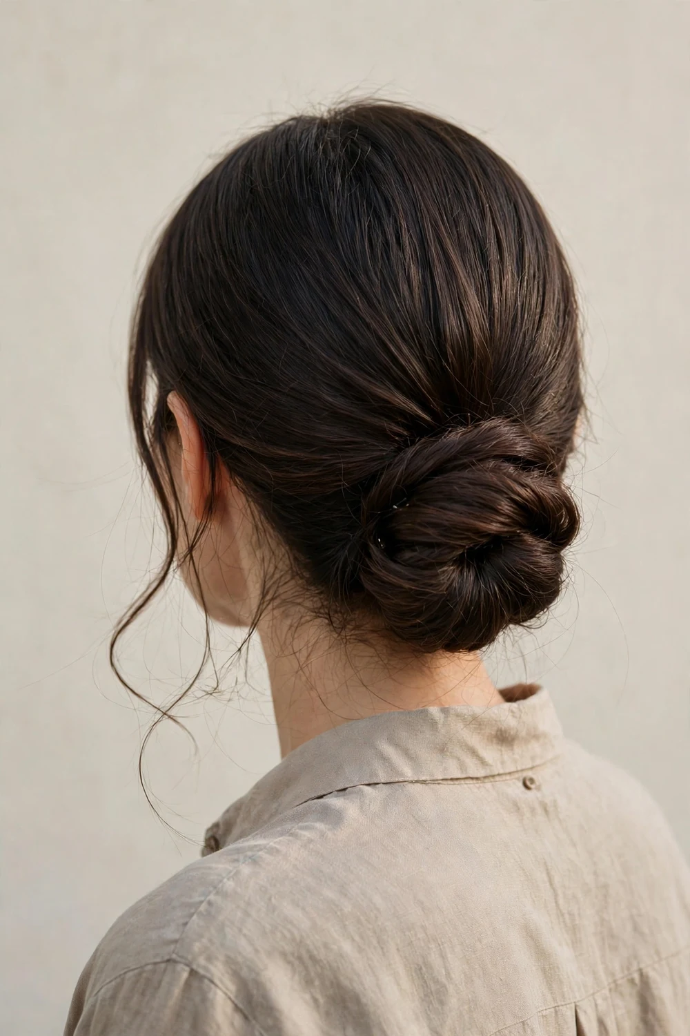 Back view of a woman with dark brown sleek long hair in a soft low chignon at the nape