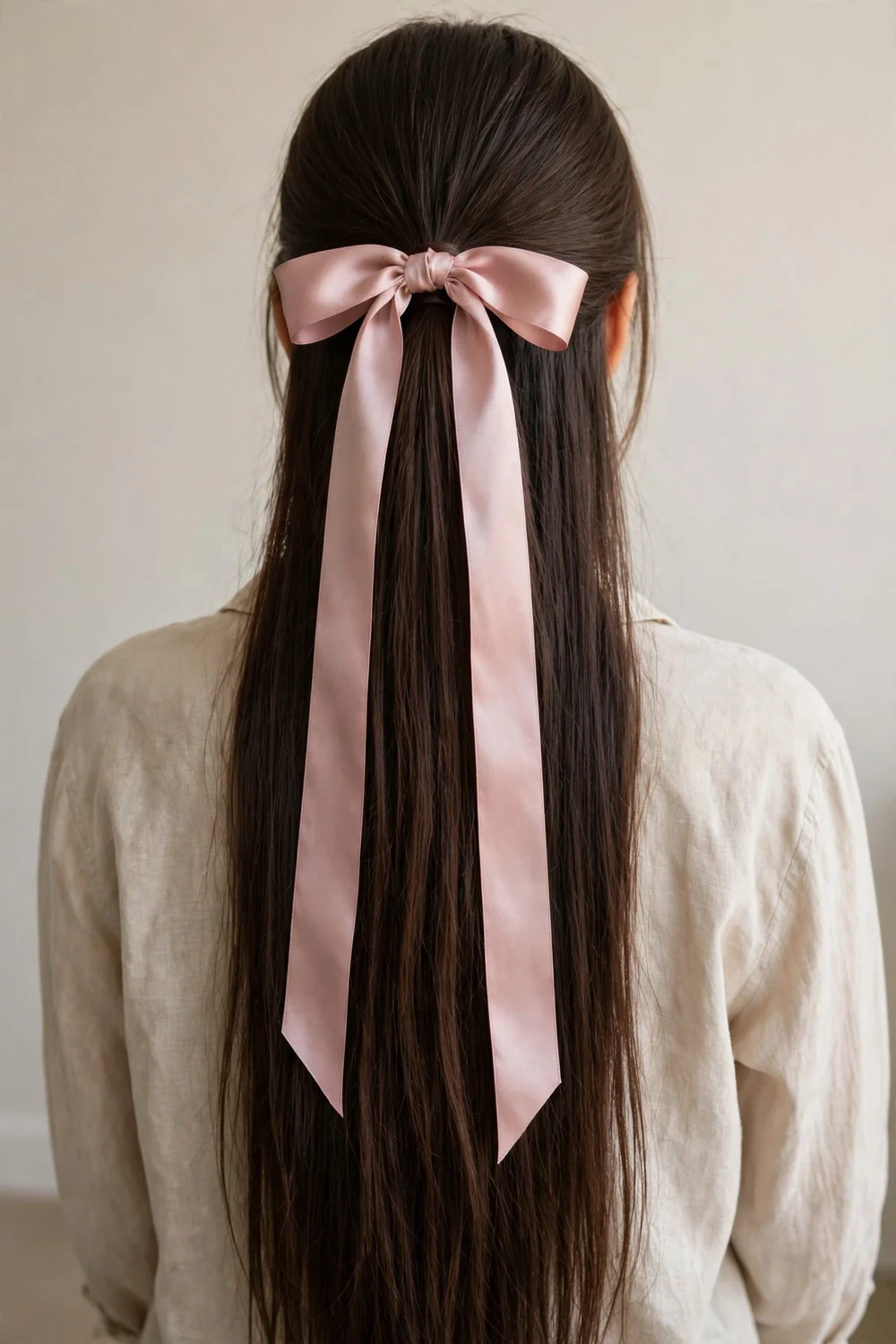 Back view of a woman with dark chocolate straight long hair in a ponytail tied with a satin ribbon bow