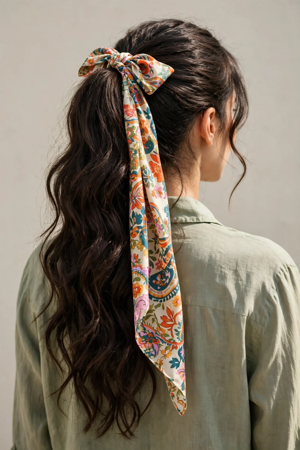 Woman with dark brown wavy long hair in a high ponytail wrapped with a colorful printed scarf
