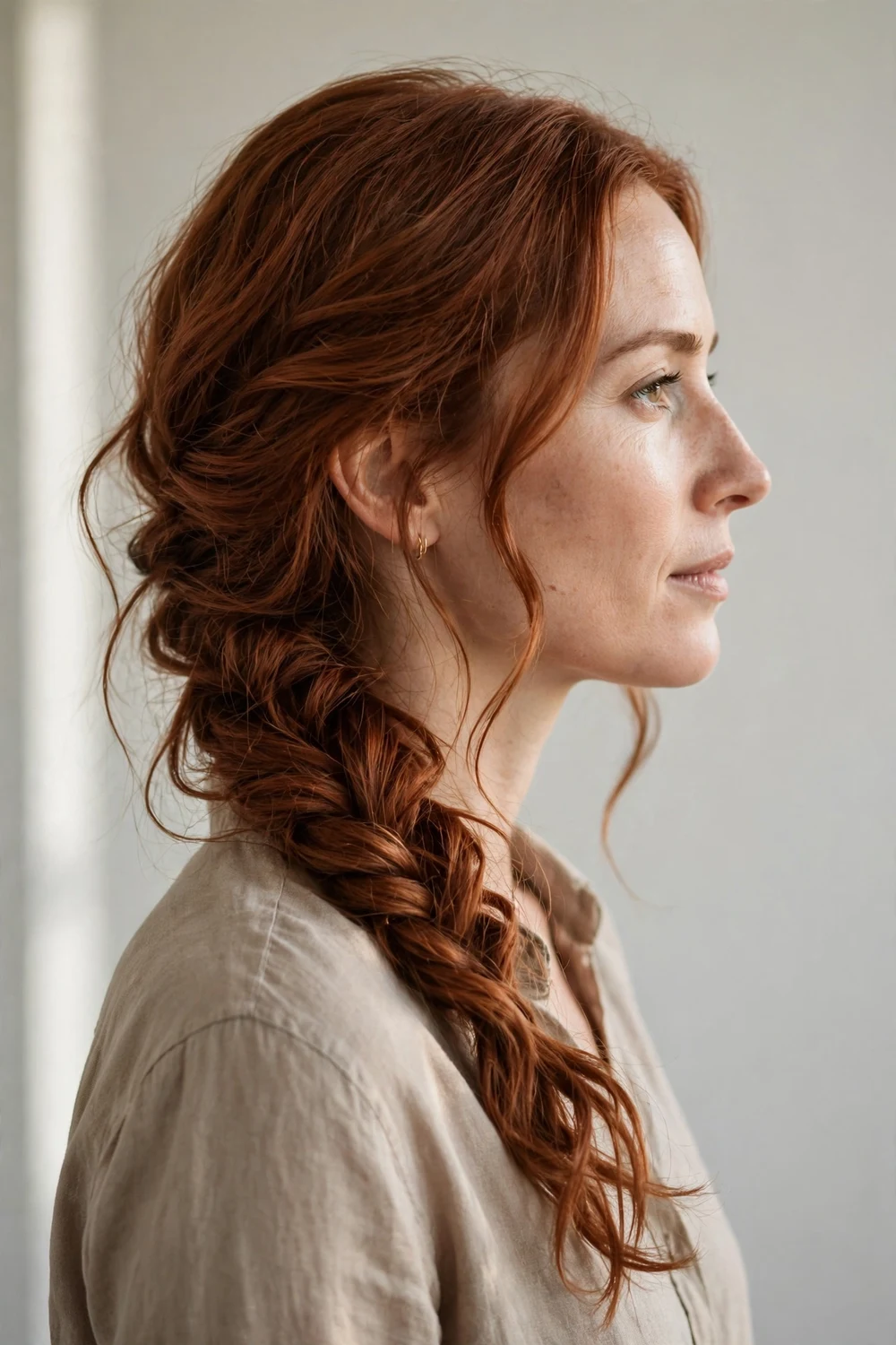 Woman with auburn wavy long hair swept over one shoulder in a loose side fishtail braid