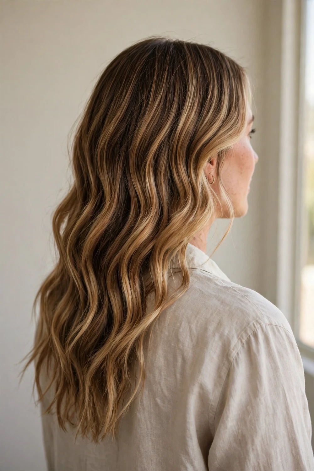 Woman with caramel balayage wavy long hair showing soft loose beach waves in natural light