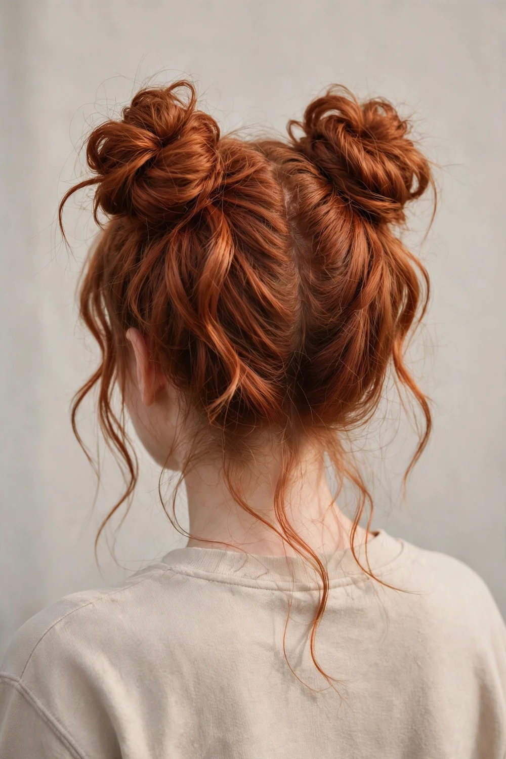 Woman with copper red wavy long hair in two high space buns with face-framing strands