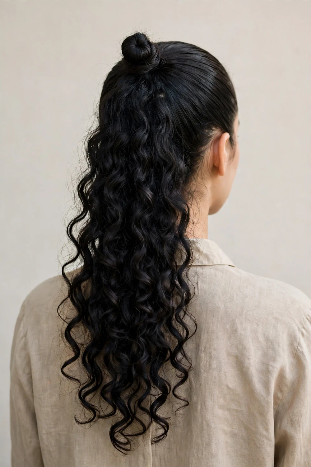 Woman with black curly long hair in a neat compact top knot on the crown