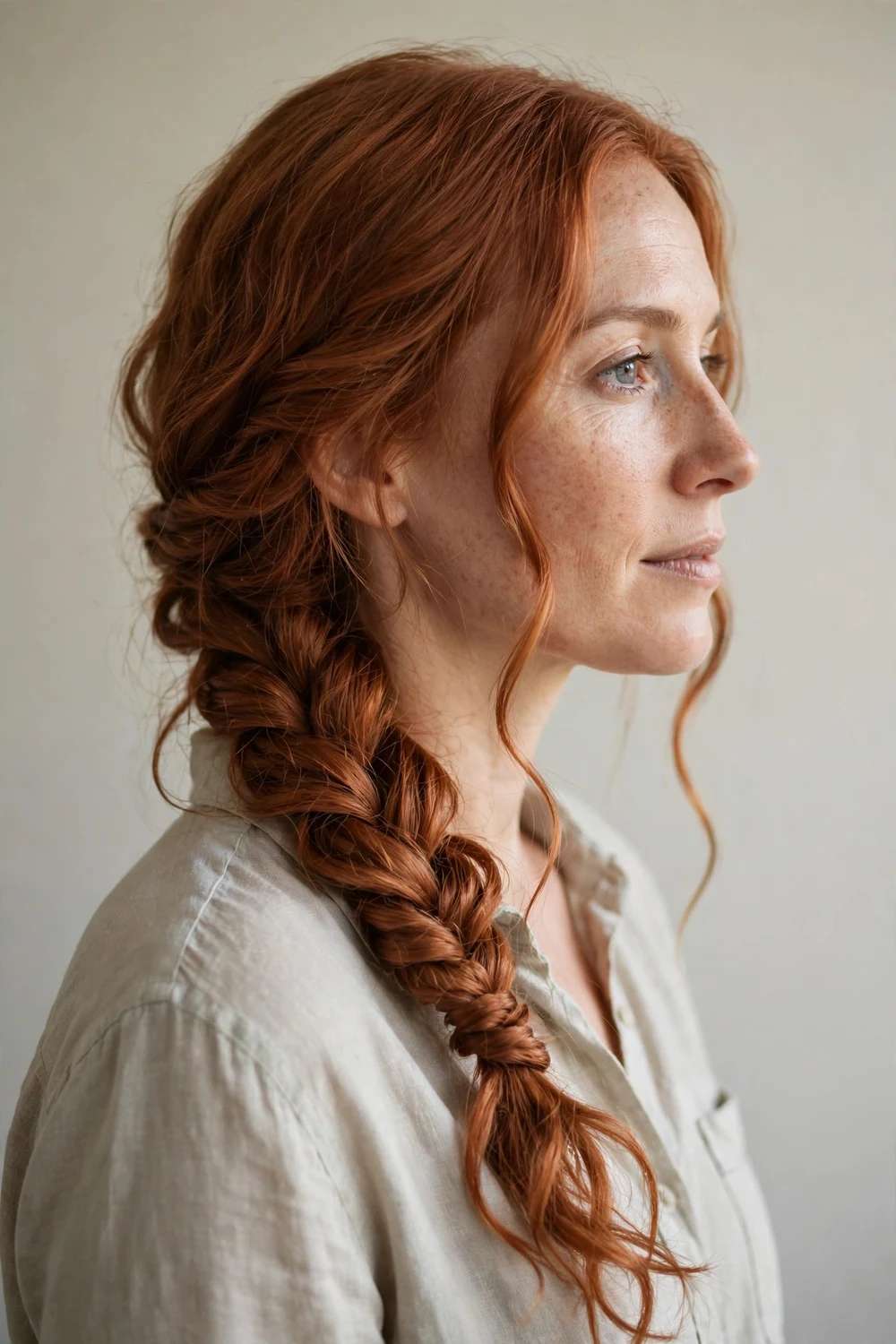 Woman with copper wavy long hair in a rope-twisted side braid over one shoulder