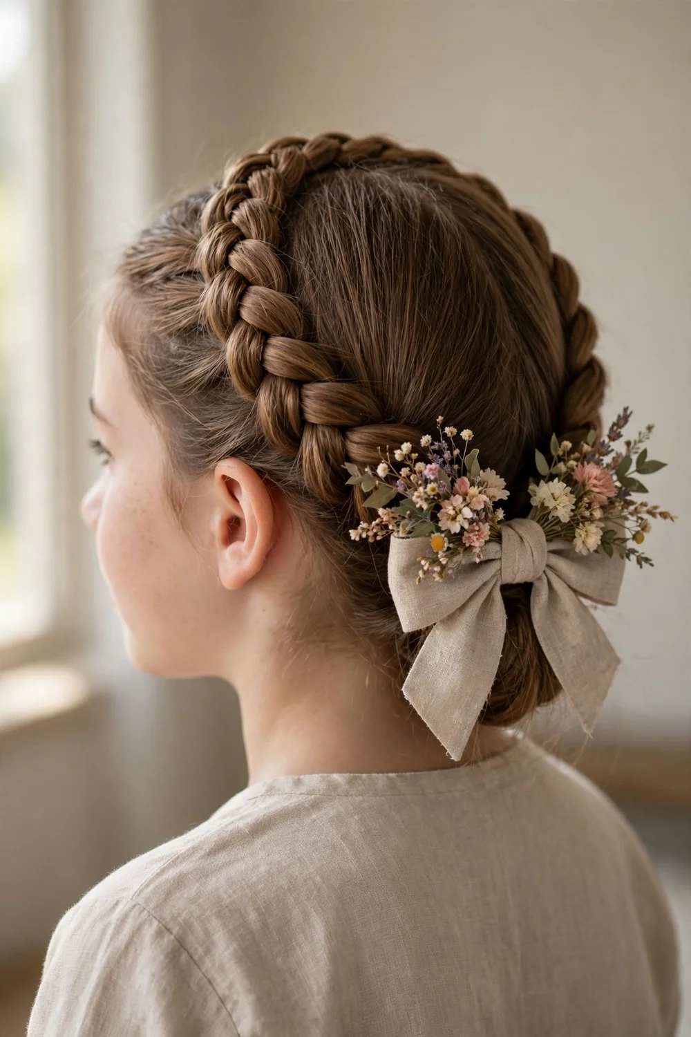 Girl with a braid crown around her head and a floral bow at the back