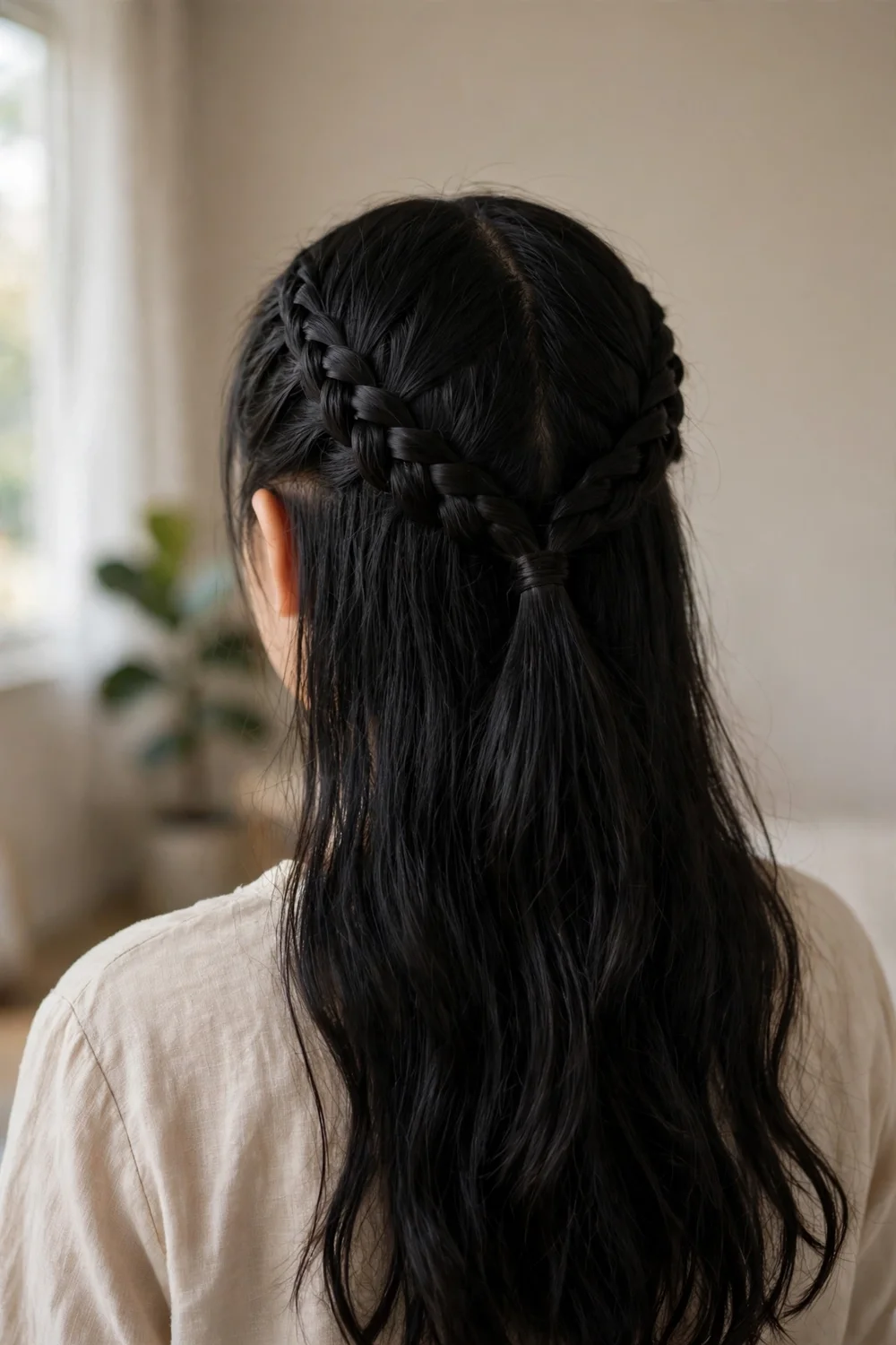 Girl with two front braids joined into a half-up style